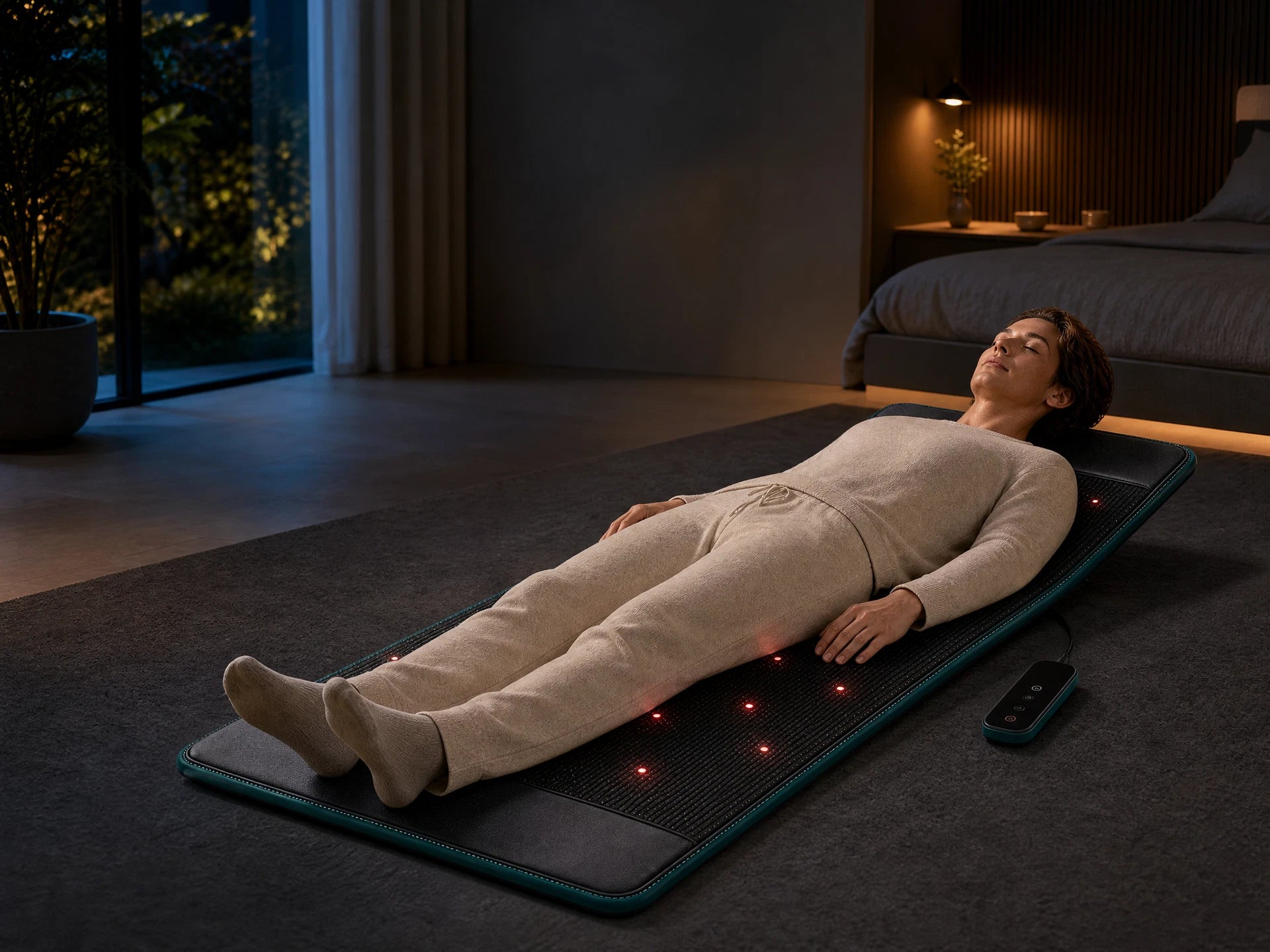 A calm MB Aura evening wellness ritual in a premium home setting