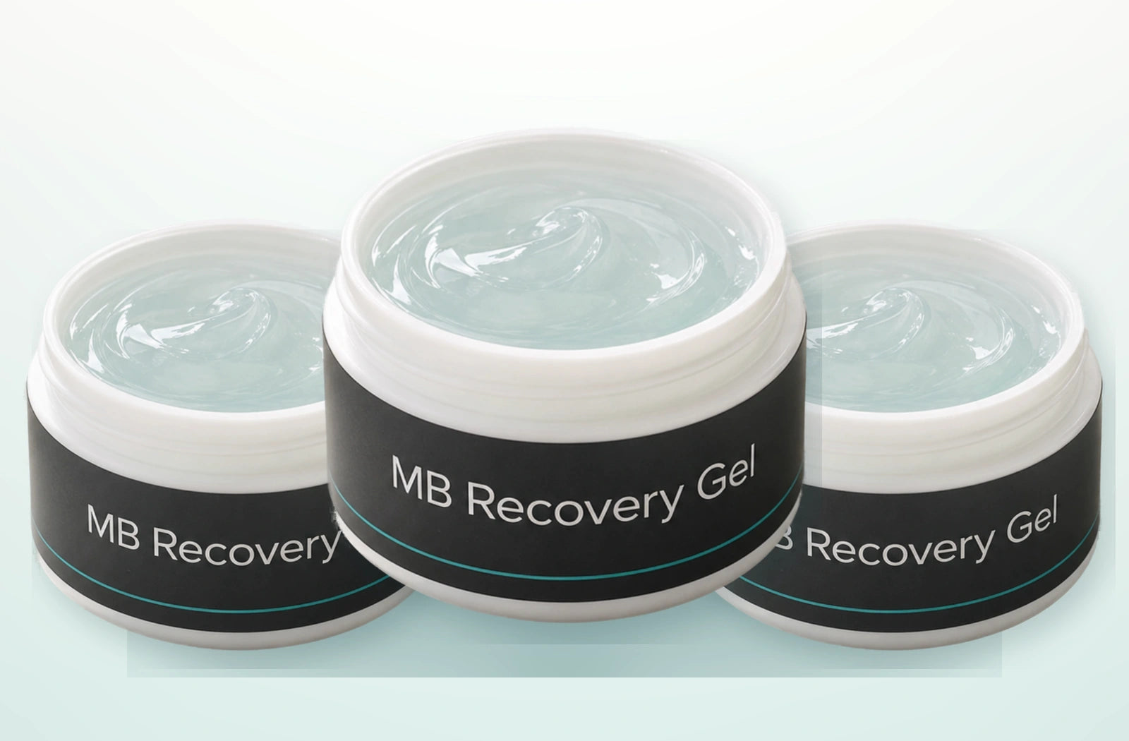 Three MB Recovery Gel jars arranged together in one clean product composition